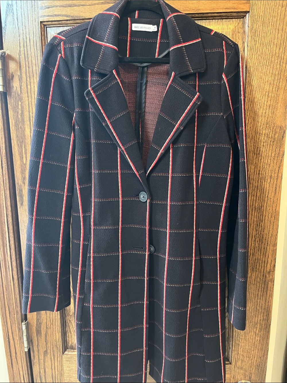 Avec les Gilles Black Blazer Coat with Red Windowpane